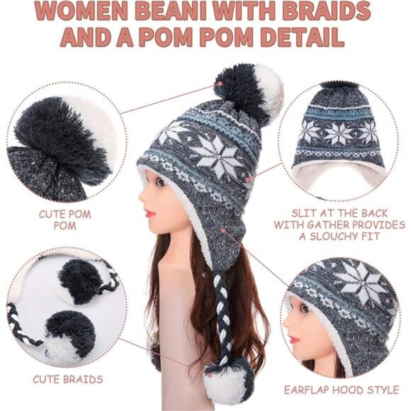 Winter Hats for Women Knit Beanie Soft Warm Fleece Lined Long Ear Straps main image 5